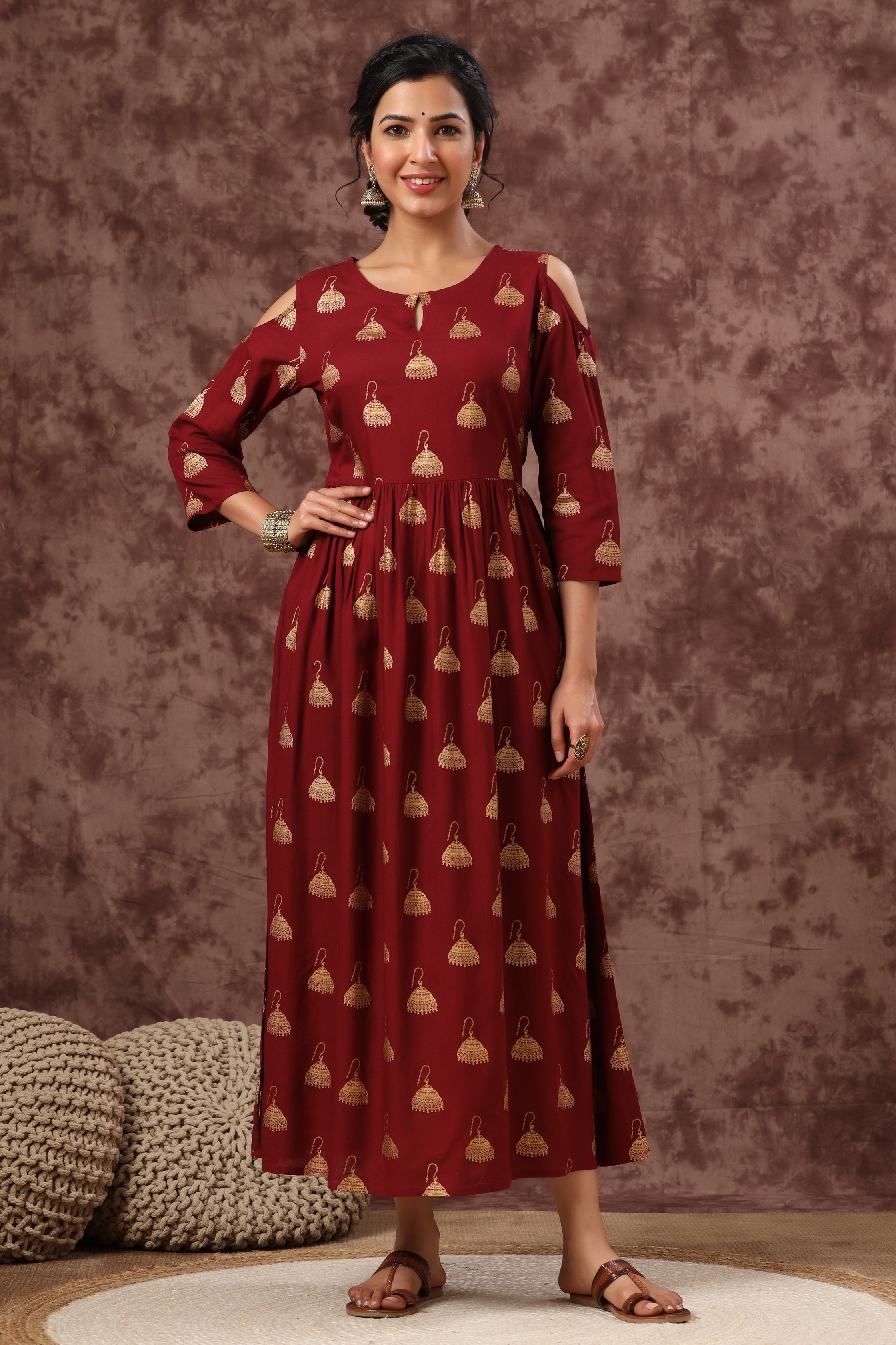 Juniper Women's Juniper Wome Maroon Rayon Printed Fit And Flared Dress - Distacart