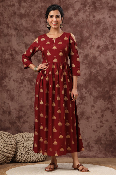 Juniper Women's Juniper Wome Maroon Rayon Printed Fit And Flared Dress