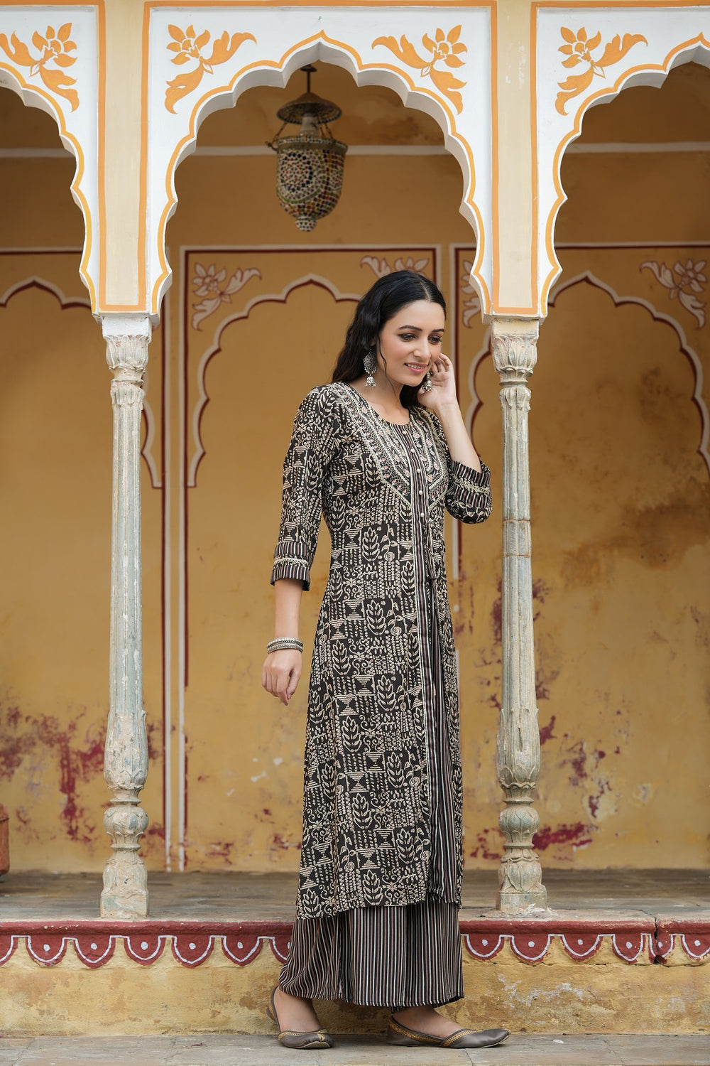 Juniper Women`s Black Rayon Staple Embroidered & Printed A-Line Kurta Sets - Distacart