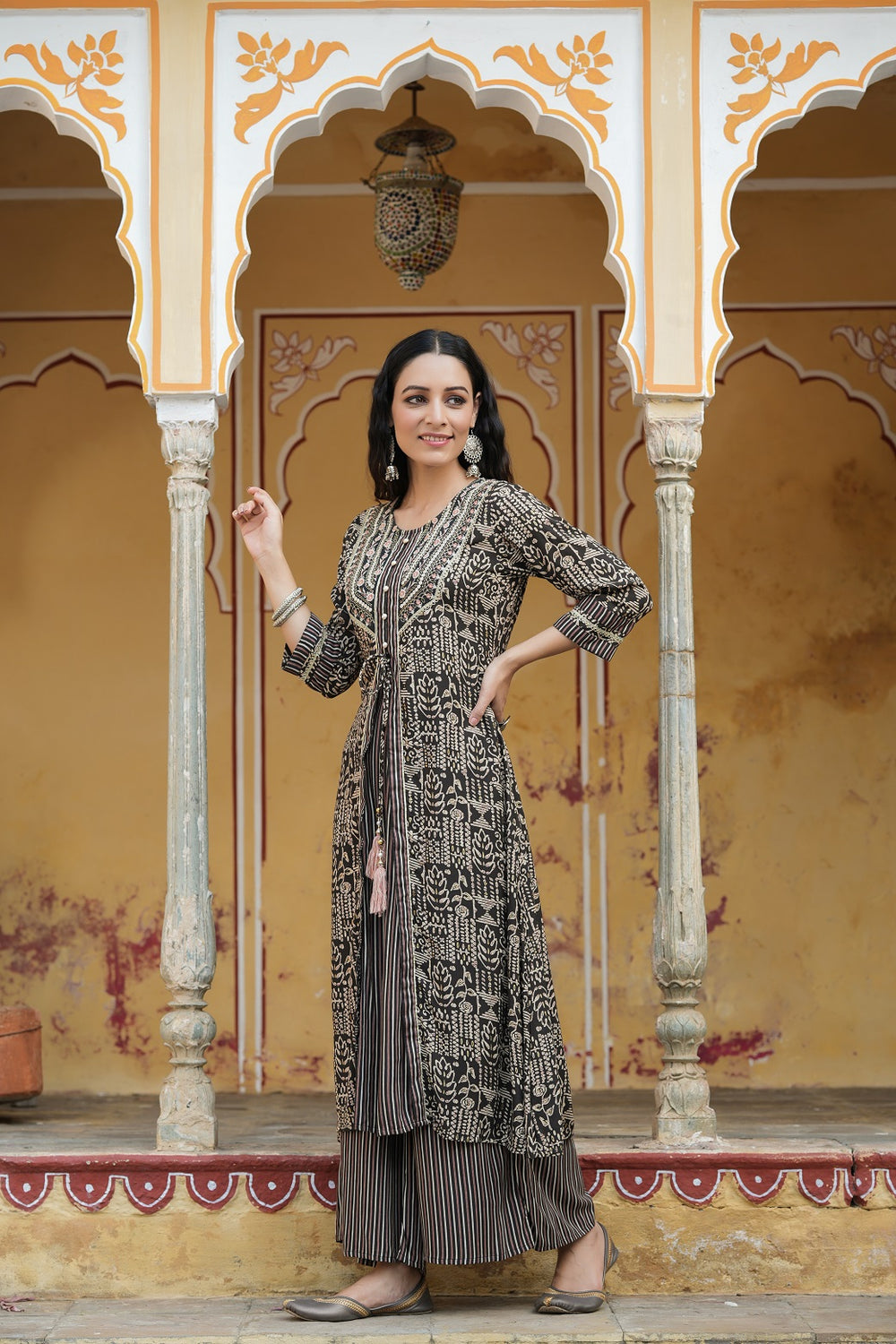Juniper Women`s Black Rayon Staple Embroidered & Printed A-Line Kurta Sets - Distacart
