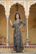 Juniper Women`s Black Rayon Staple Embroidered & Printed A-Line Kurta Sets - Distacart