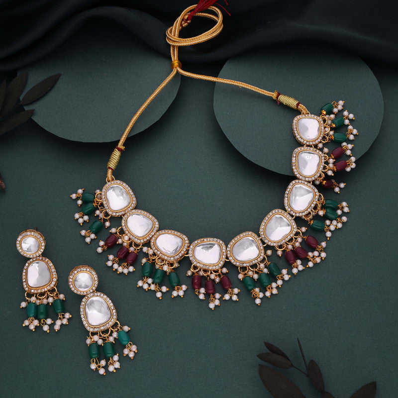 Tehzeeb Creations Gold-Polished Kundan Green & Maroon Colour Necklace With Earrings