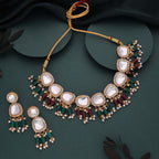 Tehzeeb Creations Gold-Polished Kundan Green & Maroon Colour Necklace With Earrings