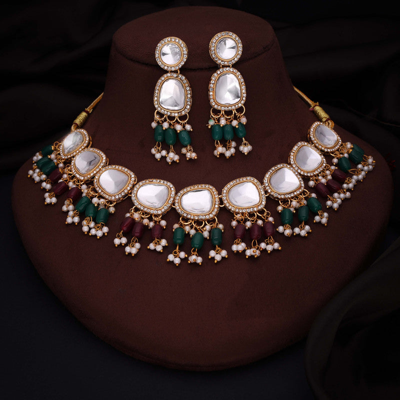 Tehzeeb Creations Gold-Polished Kundan Green & Maroon Colour Necklace With Earrings