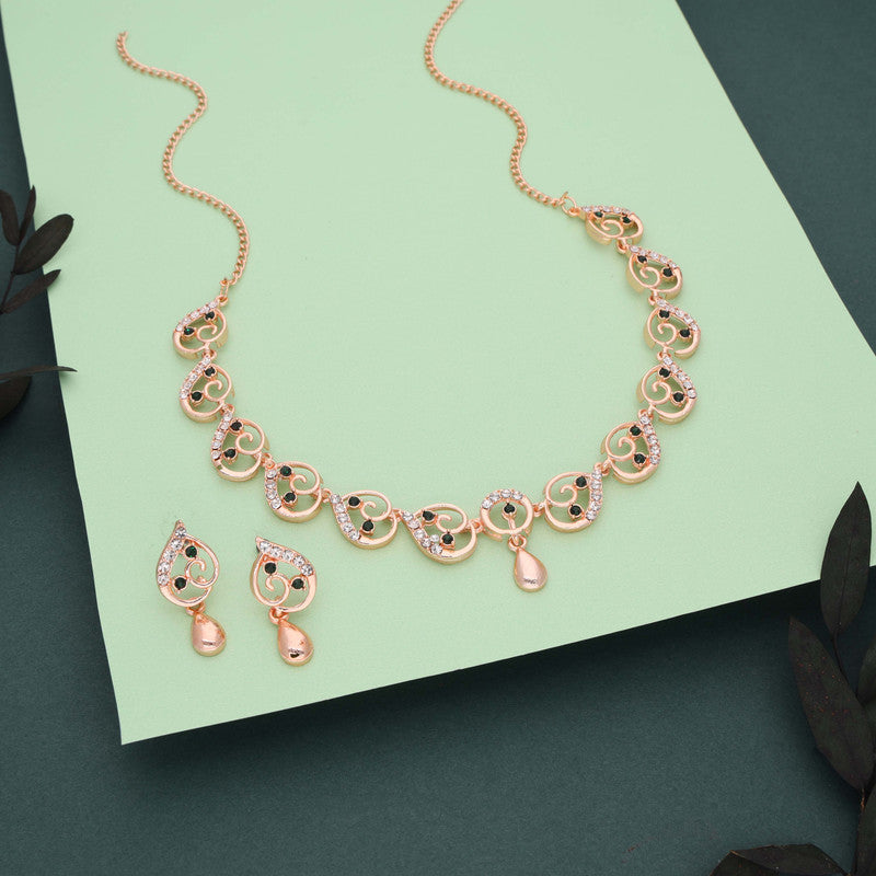 Tehzeeb Creations Brass Rose Gold-Polished Green Colour Necklace With Earrings