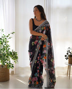 Teeya Creation Black Color Georgette Embroidery Work With Digital Print Saree