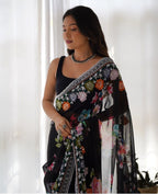 Teeya Creation Black Color Georgette Embroidery Work With Digital Print Saree