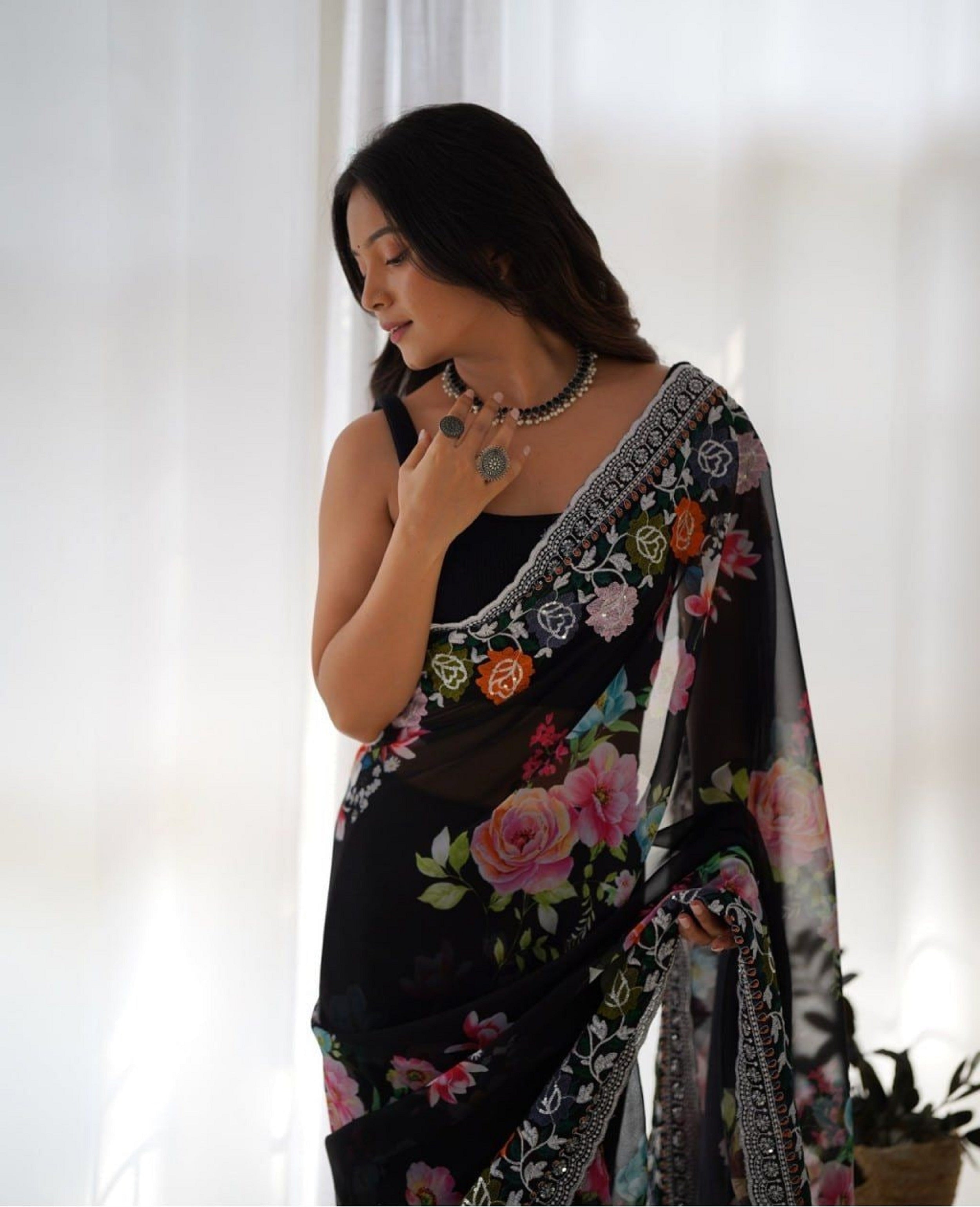 Teeya Creation Black Color Georgette Embroidery Work With Digital Print Saree