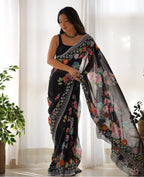 Teeya Creation Black Color Georgette Embroidery Work With Digital Print Saree