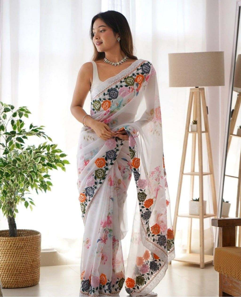 Teeya Creation Black Color Georgette Embroidery Work With Digital Print Saree