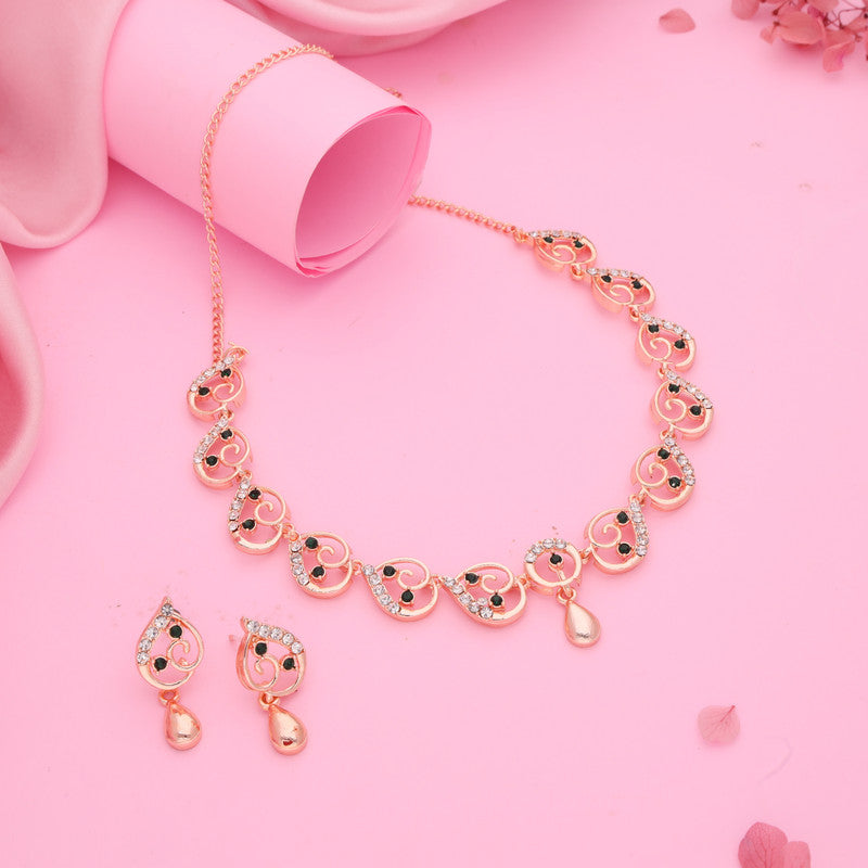 Tehzeeb Creations Brass Rose Gold-Polished Green Colour Necklace With Earrings