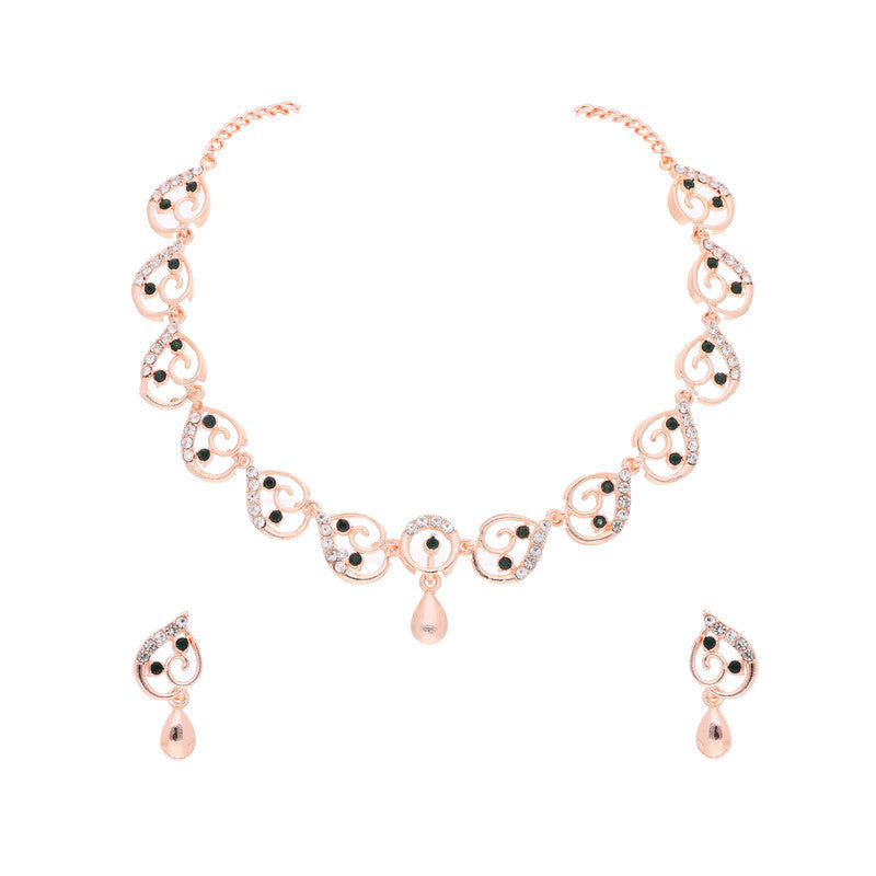 Tehzeeb Creations Brass Rose Gold-Polished Green Colour Necklace With Earrings