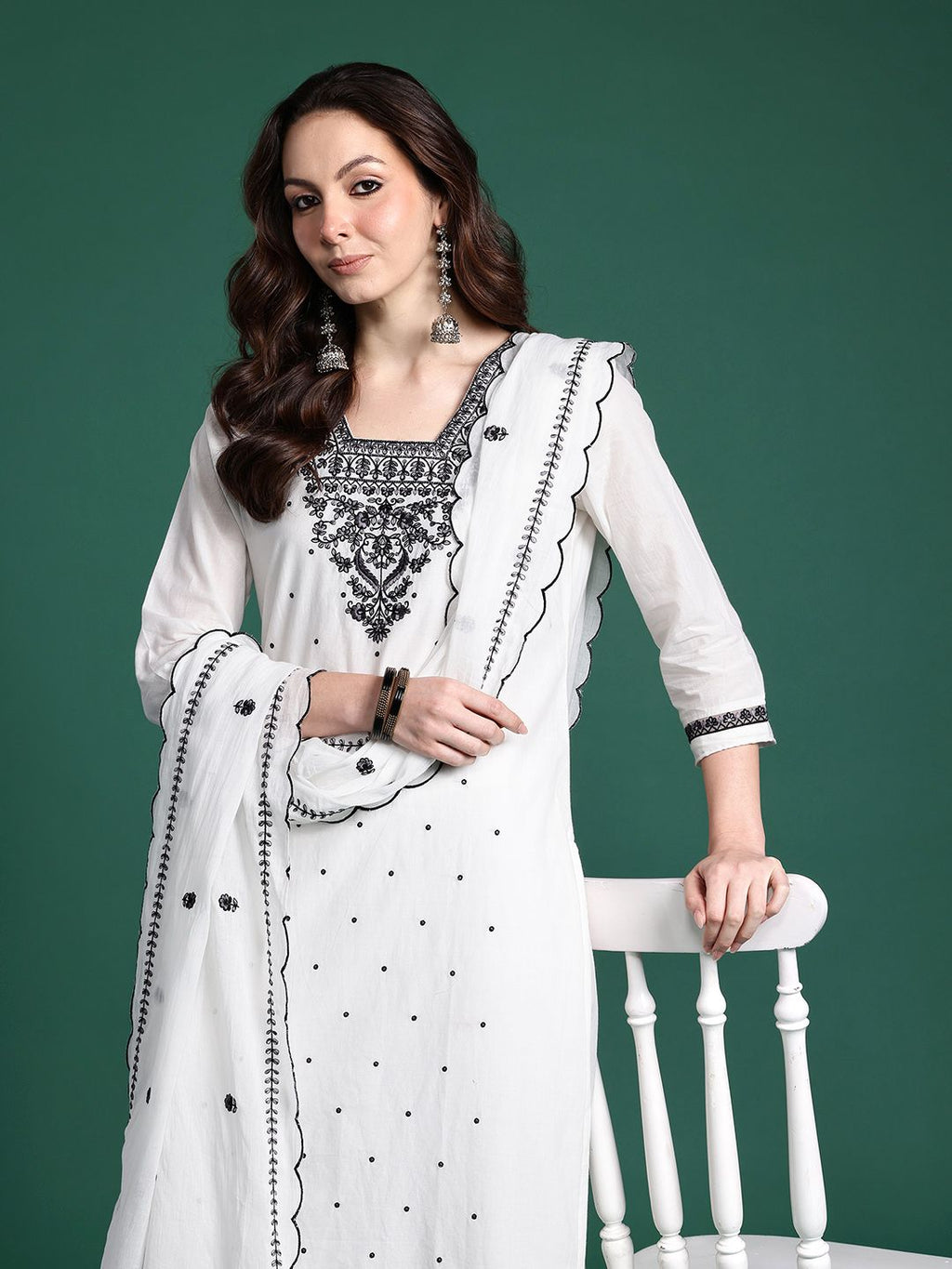 Indo Era Floral Embroidered Pure Cotton Kurta with Trousers & Dupatta - Distacart