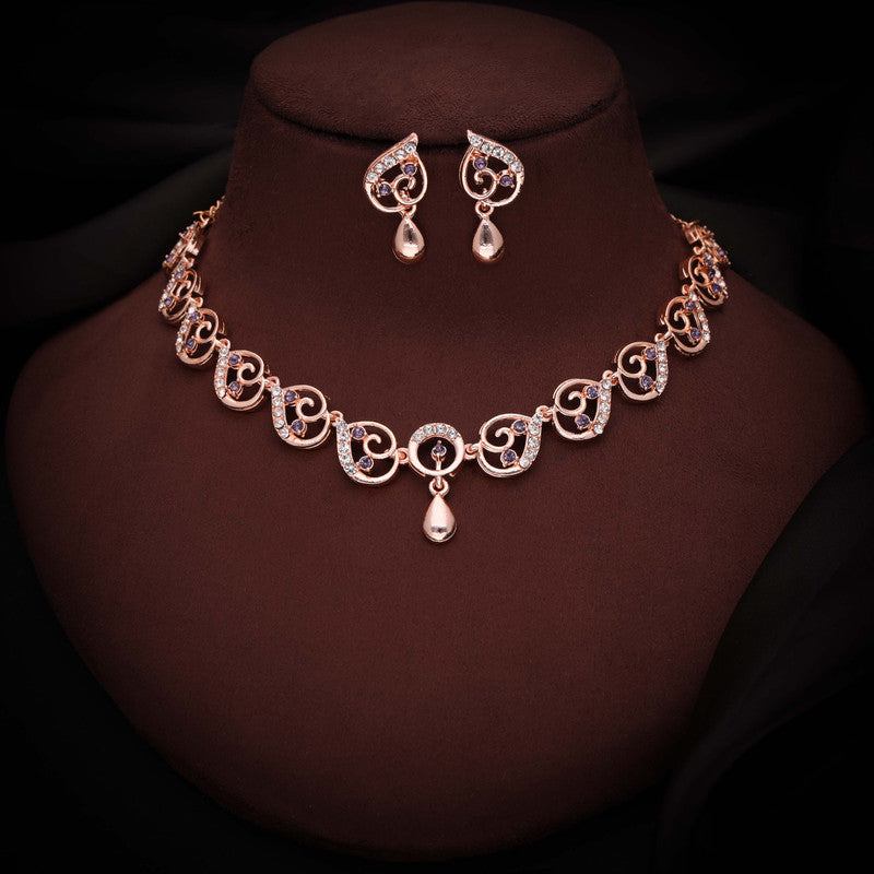 Tehzeeb Creations Brass Rose Gold-Polished Lavender Colour Necklace With Earrings
