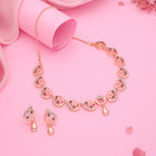 Tehzeeb Creations Brass Rose Gold-Polished Lavender Colour Necklace With Earrings