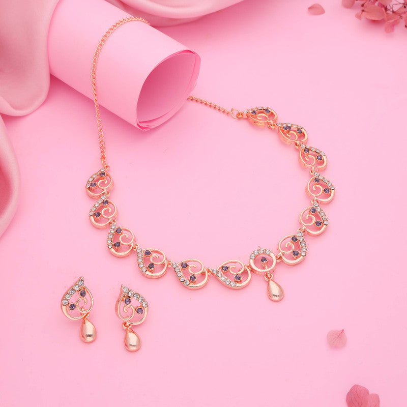 Tehzeeb Creations Brass Rose Gold-Polished Lavender Colour Necklace With Earrings