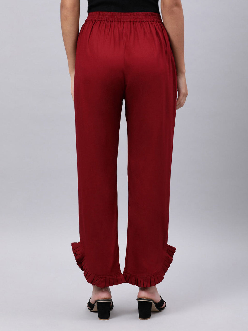 Souchii Women Maroon Solid Pleated Ruffled Liva Palazzos - Distacart