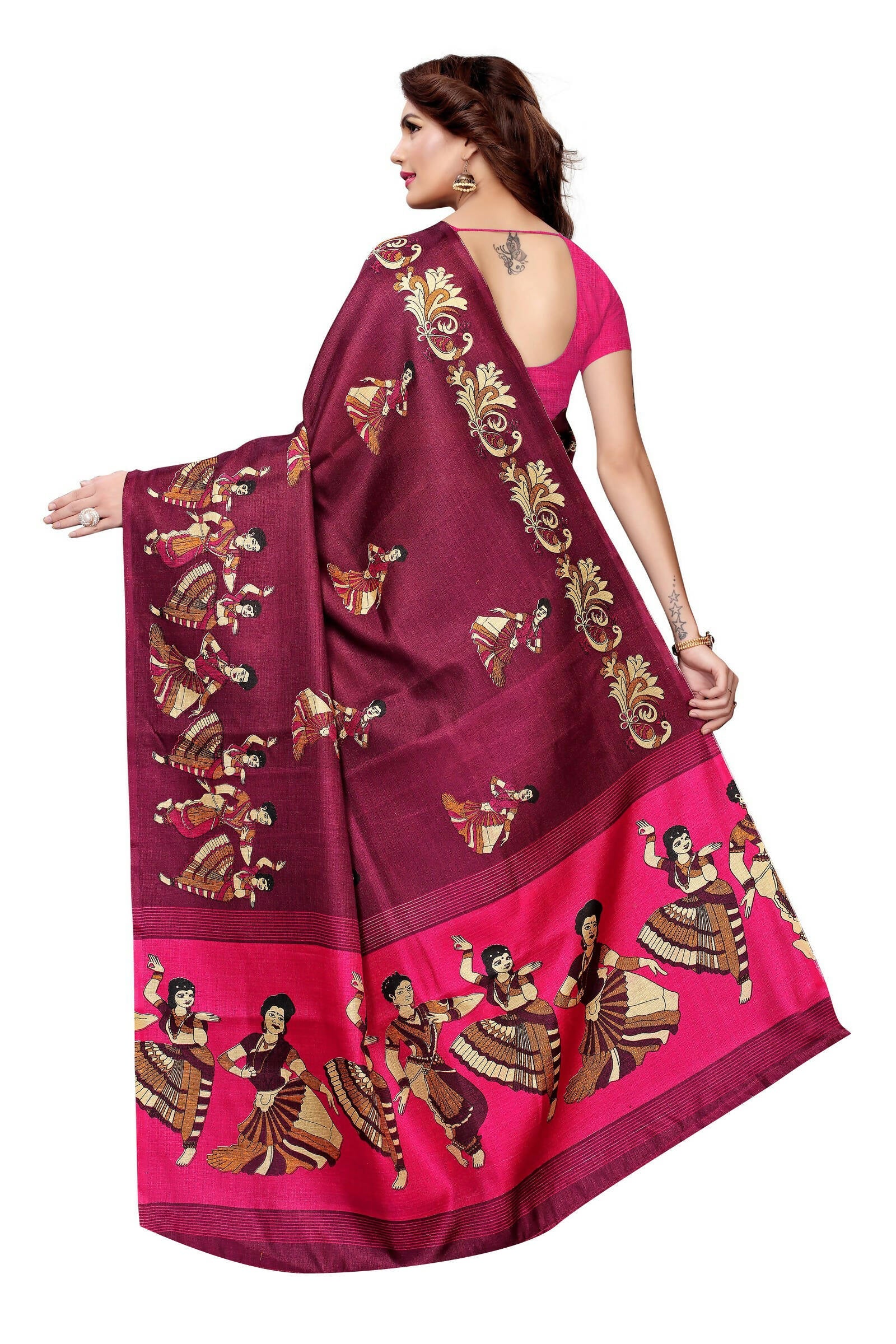 Vamika Wine Red & Pink Kalamkari With Jhalar Khadi Silk Saree - Distacart