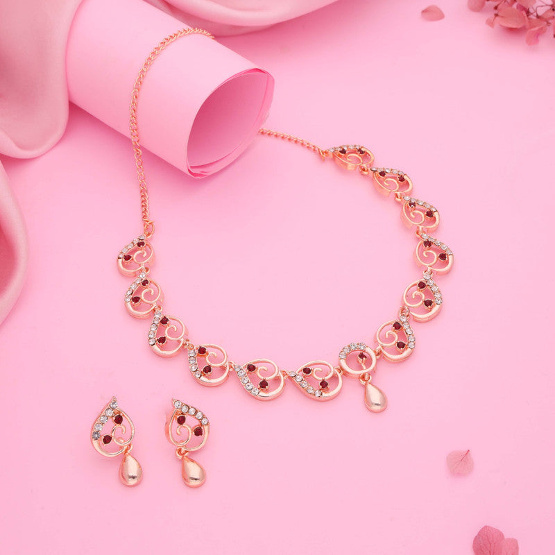 Tehzeeb Creations Brass Rose Gold-Polished Maroon Colour Necklace With Earrings