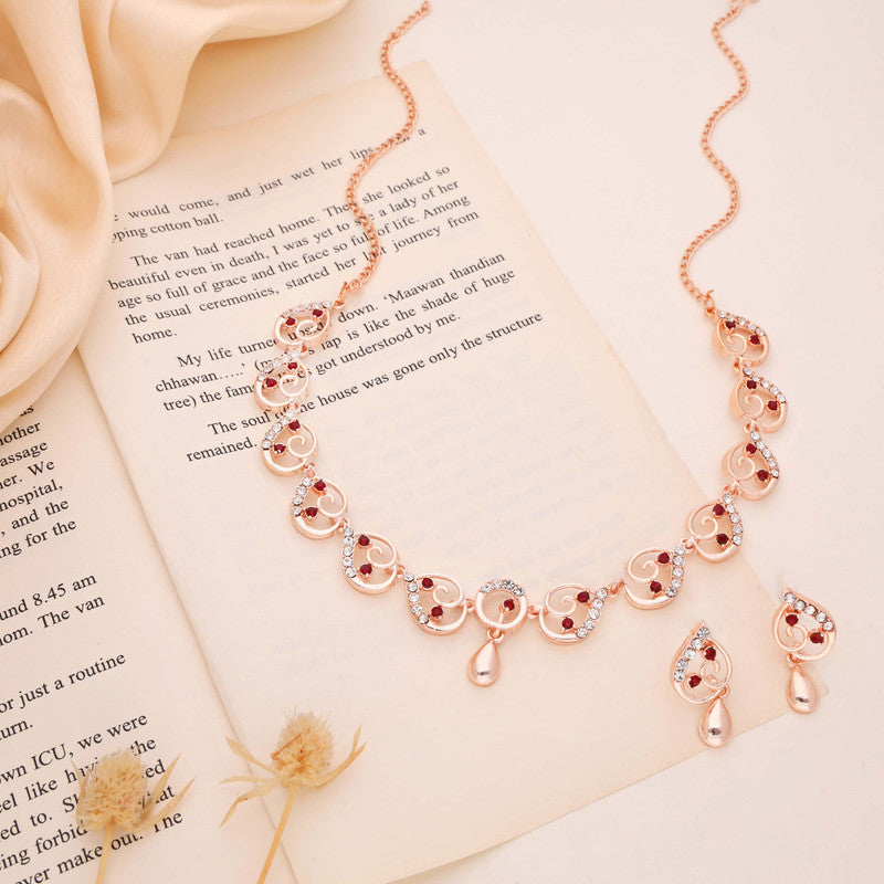 Tehzeeb Creations Brass Rose Gold-Polished Maroon Colour Necklace With Earrings