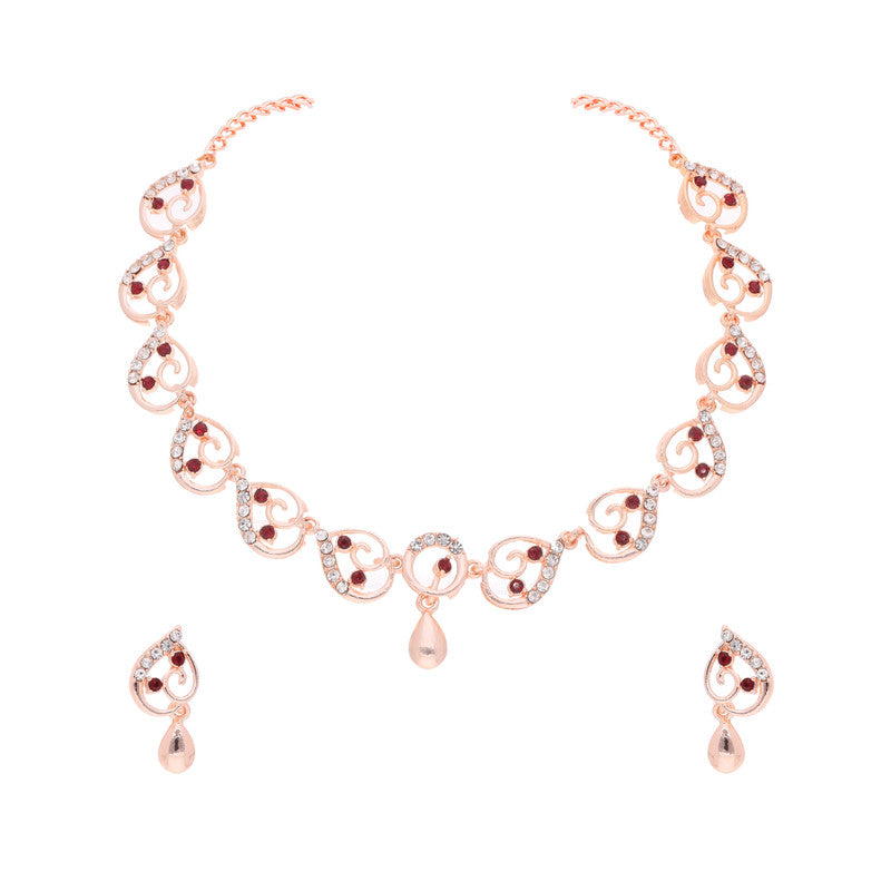 Tehzeeb Creations Brass Rose Gold-Polished Maroon Colour Necklace With Earrings