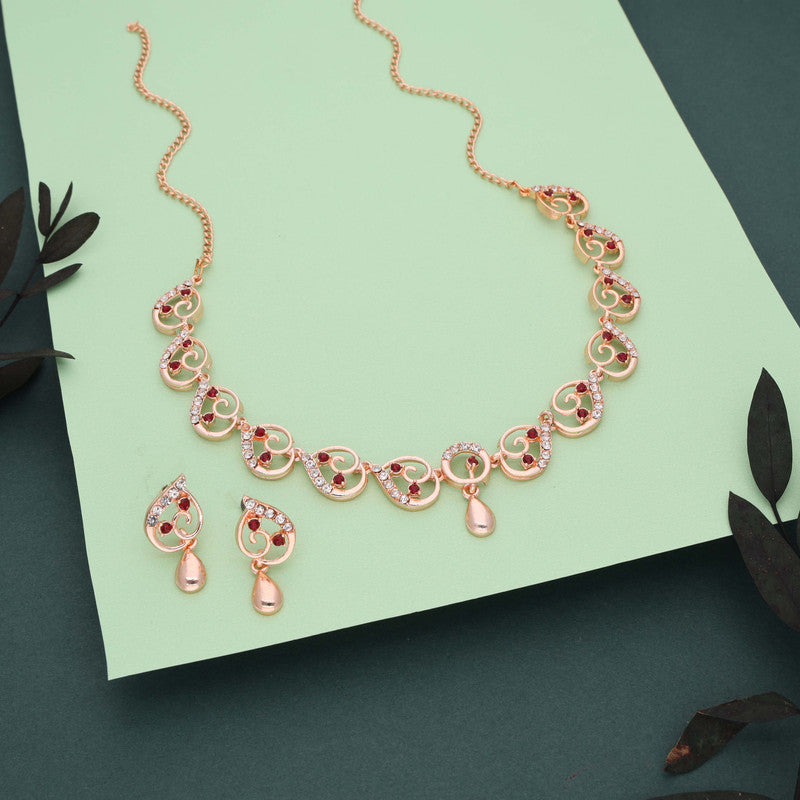 Tehzeeb Creations Brass Rose Gold-Polished Maroon Colour Necklace With Earrings