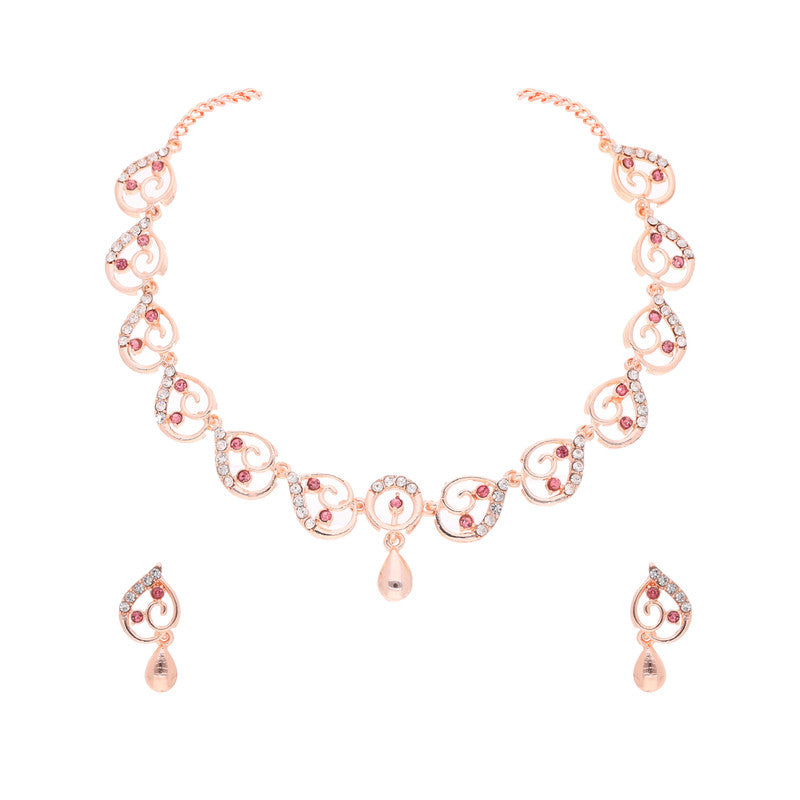Tehzeeb Creations Brass Rose Gold-Polished Pink Colour Necklace With Earrings