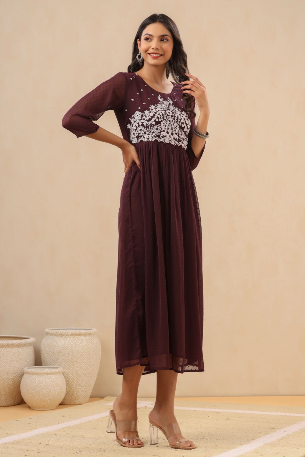 Juniper Womens Purple Chiffon Dobby Embroidered Maxi Dress - Distacart
