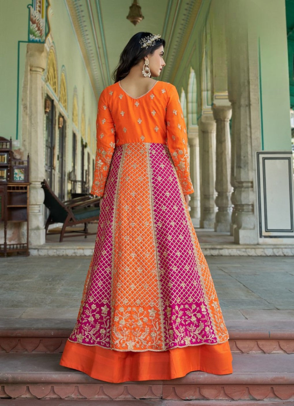 Anaita Orange Silk Anarkali Suit With Embroidery & Sequins Work - Distacart