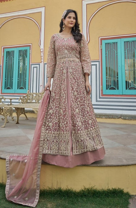 Anaita Peach Silk Anarkali Suit With Embroidery & Sequins Work