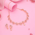 Tehzeeb Creations Brass Rose Gold-Polished Pink Colour Necklace With Earrings