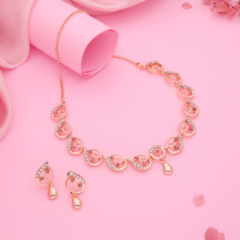 Tehzeeb Creations Brass Rose Gold-Polished Pink Colour Necklace With Earrings