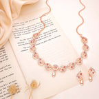 Tehzeeb Creations Brass Rose Gold-Polished Pink Colour Necklace With Earrings