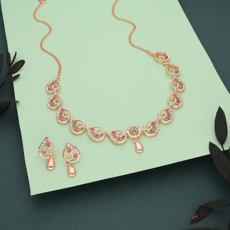 Tehzeeb Creations Brass Rose Gold-Polished Pink Colour Necklace With Earrings