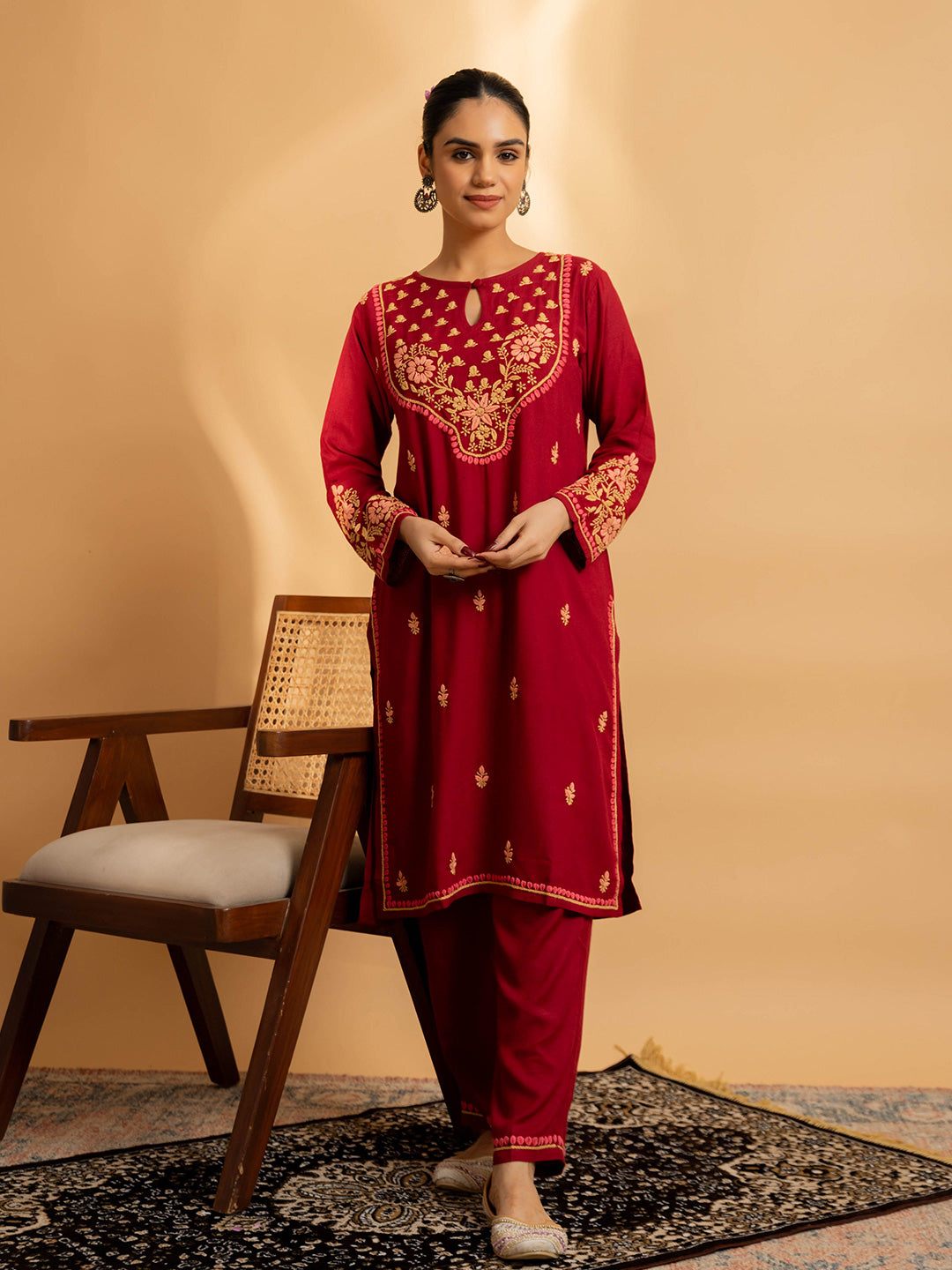 HOUSE OF KARI Floral Embroidered Chikankari Kurta With Palazzos