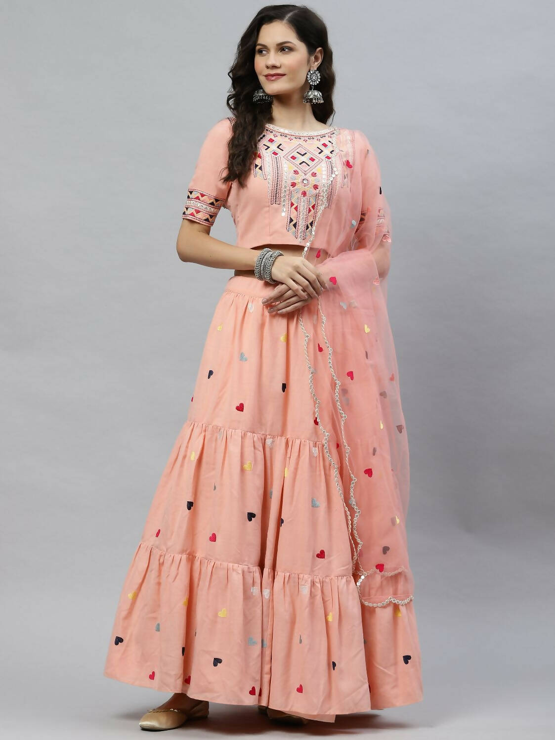 Pink Cotton Embroidered Work Lehenga Choli with Dupatta - Jivika