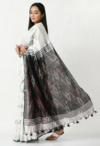 Mominos Fashion Moeza White & Black Bhagalpuri Handloom Ikat Pure Cotton Saree with unstitched Blouse piece - Distacart