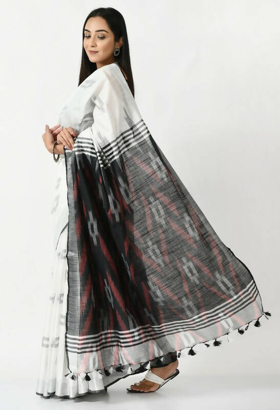 Mominos Fashion Moeza White & Black Bhagalpuri Handloom Ikat Pure Cotton Saree with unstitched Blouse piece - Distacart