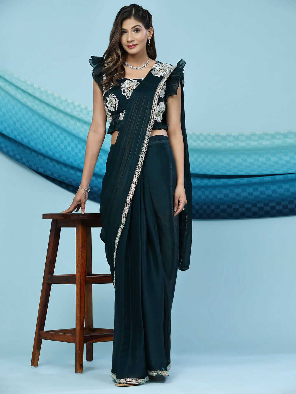 Green Silk Satin Sequence Work Ready to Wear Saree with stitched Blouse - Nirvana