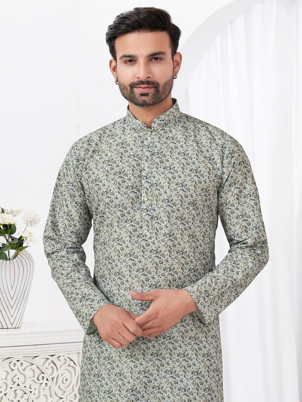 Joban Fashion Men's Rayon Cotton Cream Printed Kurta Pyjama set