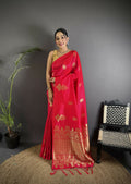 Joban Fashion Red Banarasi Lichi Silk Gold Zari Meena Saree - Distacart