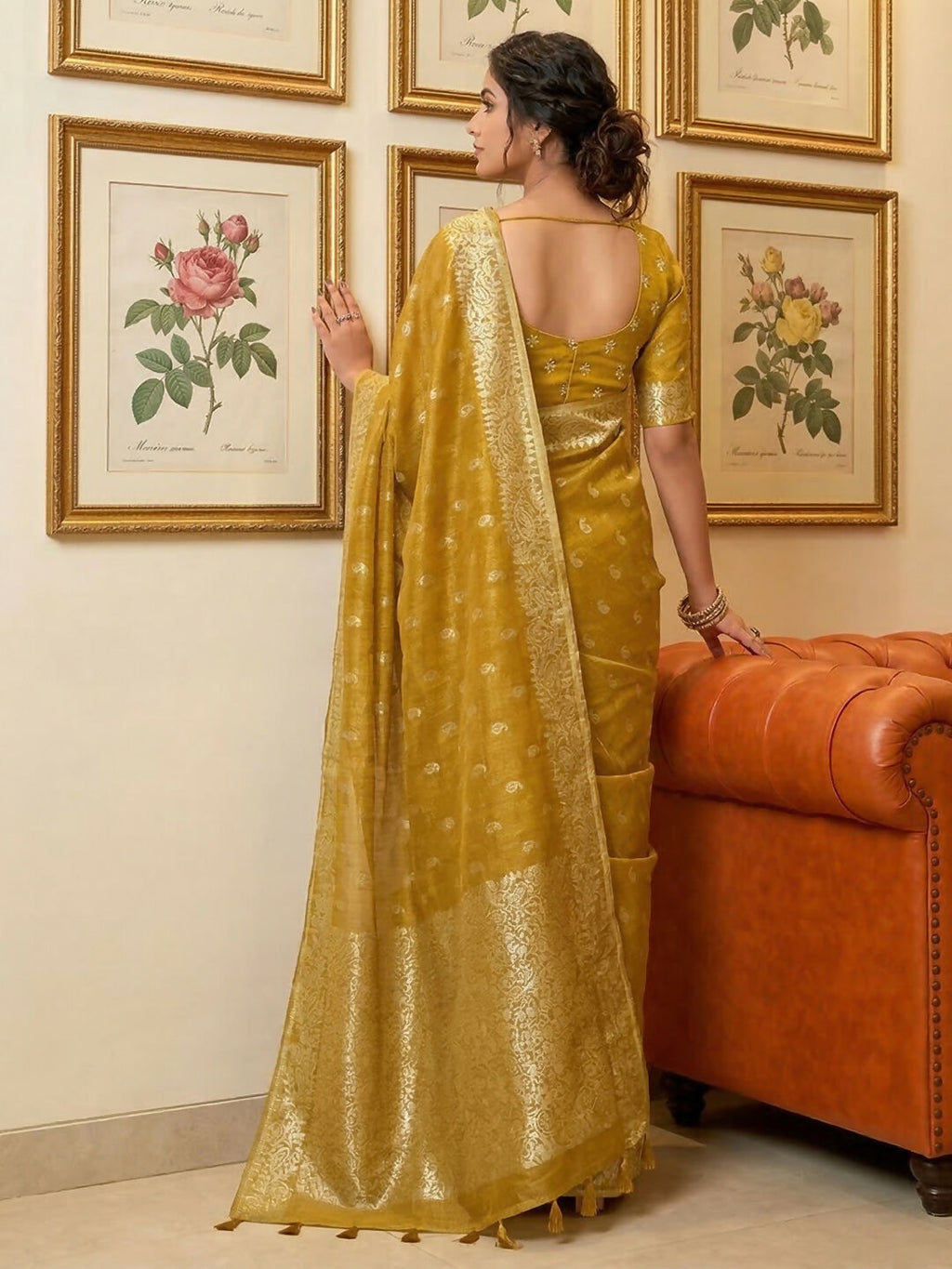 Shree Shyam Fashion Mustard Tissue Silk Saree - Distacart