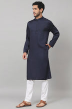 Giza Cotton Navy Blue Plain Kurta by Hilo Design