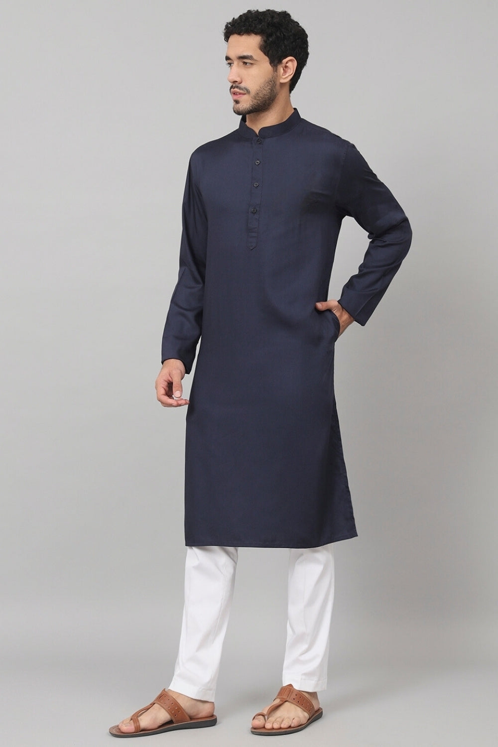 Giza Cotton Navy Blue Plain Kurta by Hilo Design