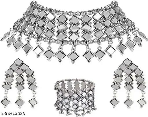 Tehzeeb Creations Women's Silver Colour Oxidised Necklace,Earrings And Bangle In Mirror Design