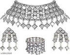 Tehzeeb Creations Women's Silver Colour Oxidised Necklace,Earrings And Bangle In Mirror Design