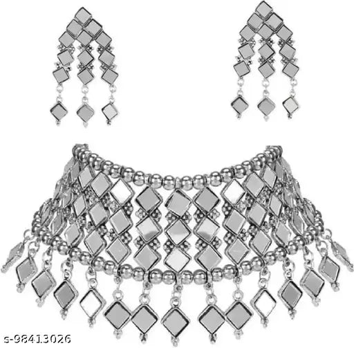 Tehzeeb Creations Women's Silver Colour Oxidised Necklace,Earrings And Bangle In Mirror Design