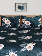 Cloth Fusion Green & White Floral Velvet Warm 104 TC King Bedsheet With 2 Pillow Covers