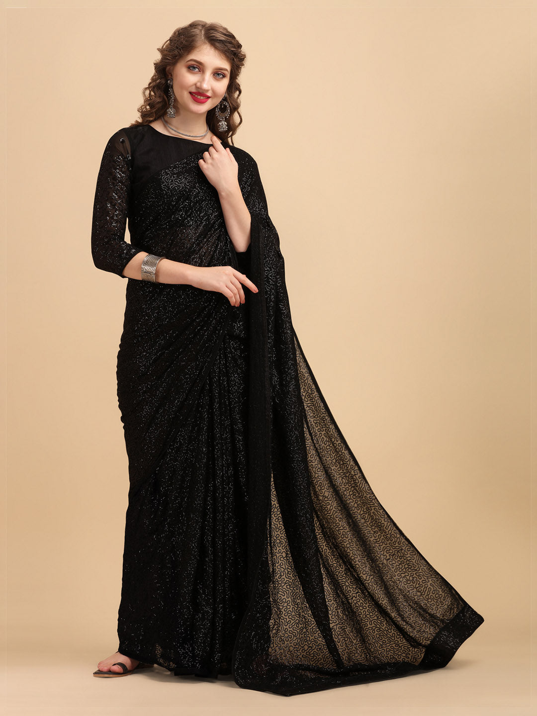 Sangria Black Embellished Sequinned Pure Georgette Saree - Distacart