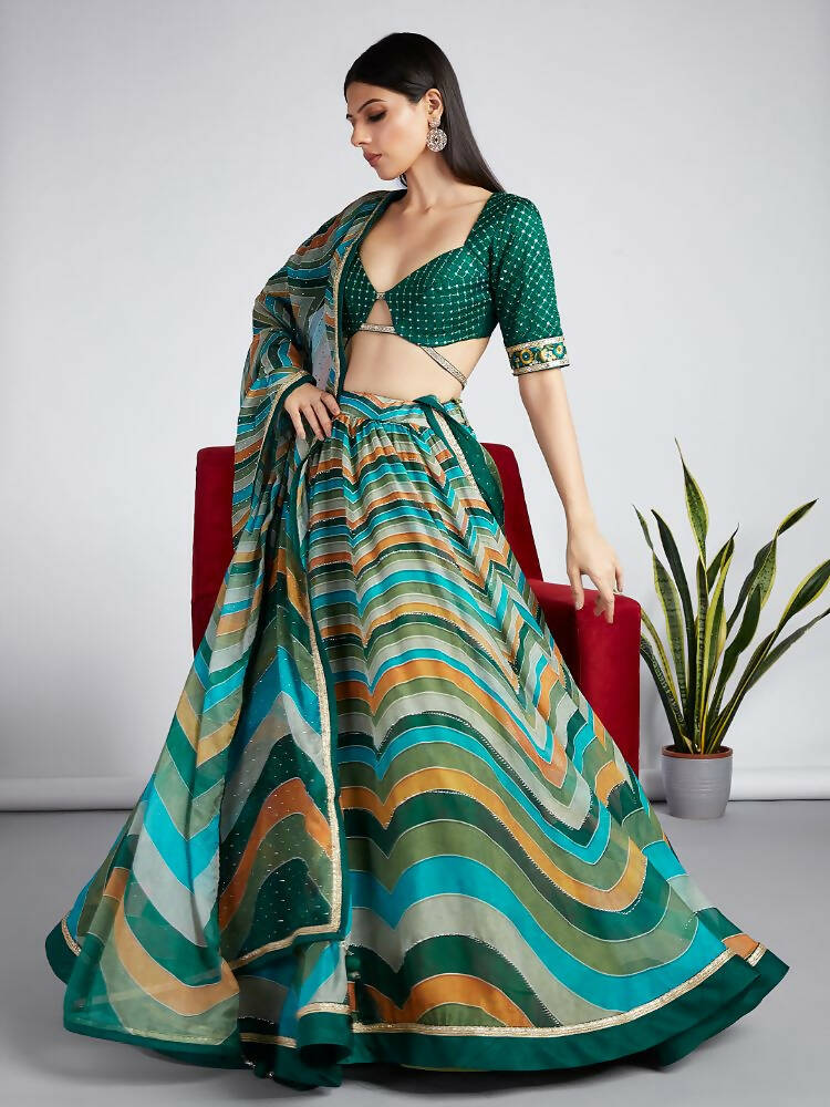 House of Panchhi Green Organza Siroski Stone Work Leheriya Print Lehenga Choli & Dupatta
